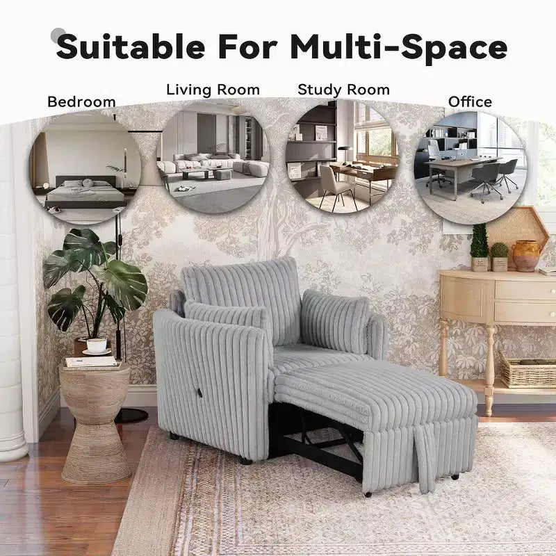 Convertible Lounge Chair with USB and 2 Pillows, Single Sofa Bed Pullout Sleeper Sofa