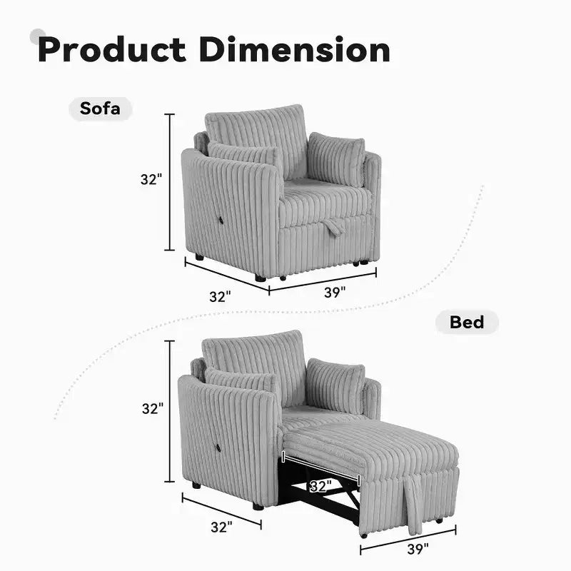 Convertible Lounge Chair with USB and 2 Pillows, Single Sofa Bed Pullout Sleeper Sofa