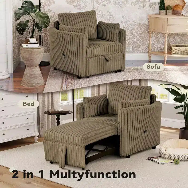 Convertible Lounge Chair with USB and 2 Pillows, Single Sofa Bed Pullout Sleeper Sofa