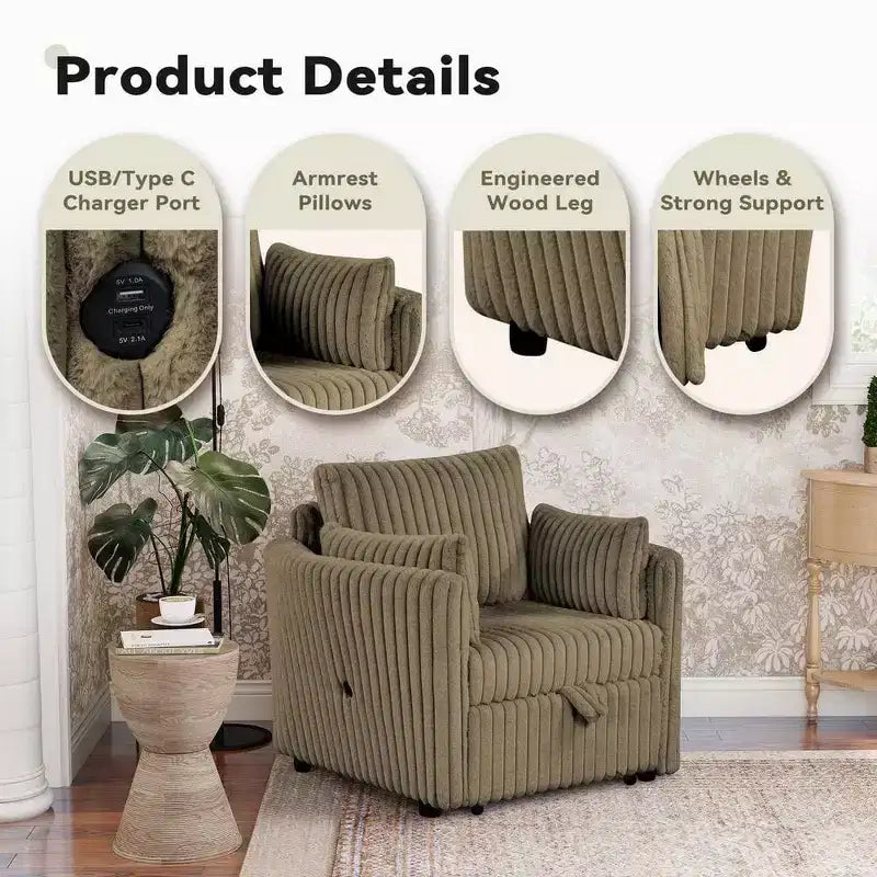 Convertible Lounge Chair with USB and 2 Pillows, Single Sofa Bed Pullout Sleeper Sofa