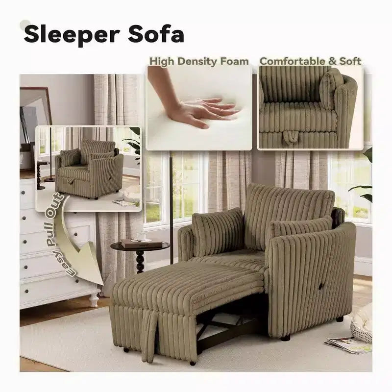Convertible Lounge Chair with USB and 2 Pillows, Single Sofa Bed Pullout Sleeper Sofa