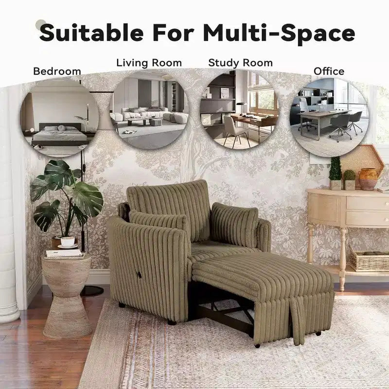Convertible Lounge Chair with USB and 2 Pillows, Single Sofa Bed Pullout Sleeper Sofa