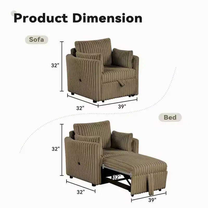 Convertible Lounge Chair with USB and 2 Pillows, Single Sofa Bed Pullout Sleeper Sofa