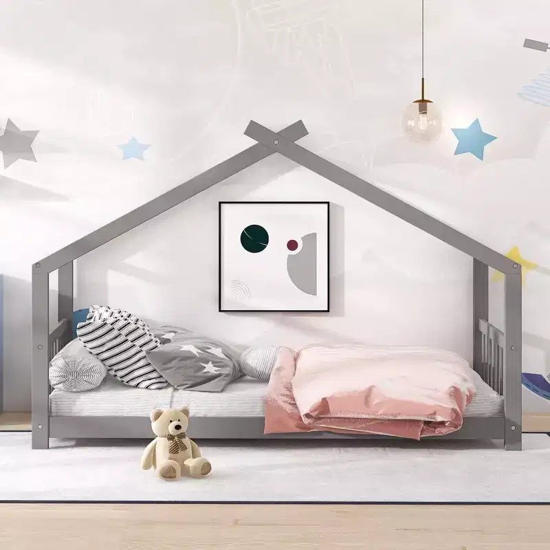 Montessori Floor Bed Twin Size, Twin Floor Bed Frame with Headboard, Footboard, Gray