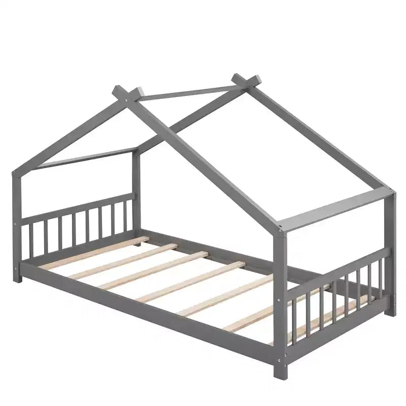Montessori Floor Bed Twin Size, Twin Floor Bed Frame with Headboard, Footboard, Gray