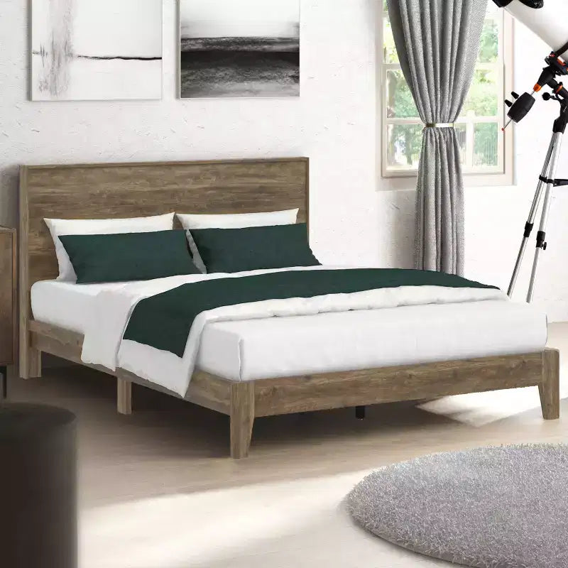 Queen Platform Bed with Headboard, Knotty Oak