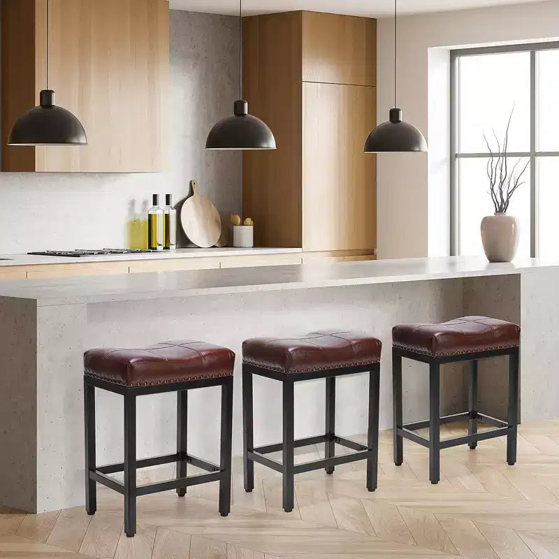 Set of 2 Upholstered Swivel Adjustable Height Bar Stools with Footstools, Armless PU Leather Counter Chairs for Dining Rooms