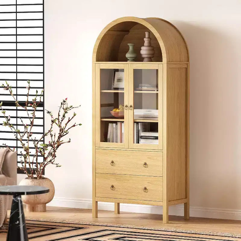 71 Arched Pantry Cabinet, Farmhouse Display with Glass Doors & 2 Drawers, Adjustable Shelves for Kitchen, Dining Room, Bathroom