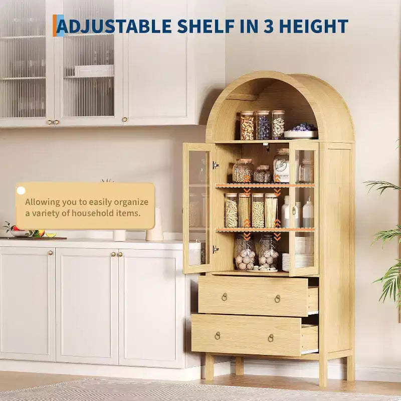 71 Arched Pantry Cabinet, Farmhouse Display with Glass Doors & 2 Drawers, Adjustable Shelves for Kitchen, Dining Room, Bathroom