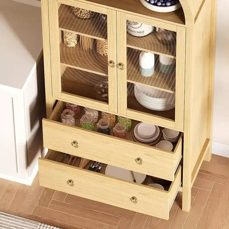 71 Arched Pantry Cabinet, Farmhouse Display with Glass Doors & 2 Drawers, Adjustable Shelves for Kitchen, Dining Room, Bathroom
