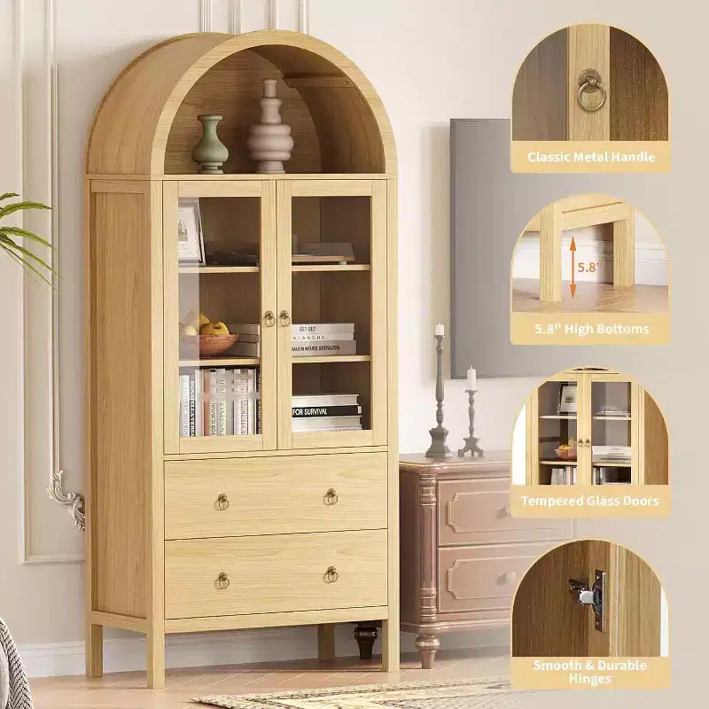 71 Arched Pantry Cabinet, Farmhouse Display with Glass Doors & 2 Drawers, Adjustable Shelves for Kitchen, Dining Room, Bathroom