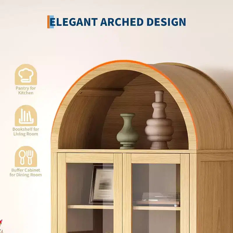 71 Arched Pantry Cabinet, Farmhouse Display with Glass Doors & 2 Drawers, Adjustable Shelves for Kitchen, Dining Room, Bathroom