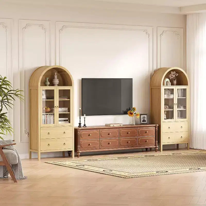71 Arched Pantry Cabinet, Farmhouse Display with Glass Doors & 2 Drawers, Adjustable Shelves for Kitchen, Dining Room, Bathroom