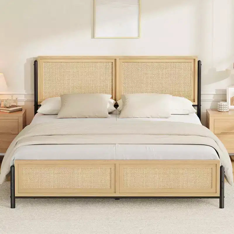 Boho Full/Queen/King Size Bed Frame with Natural Rattan Headboard and Footboard, Wooden Platform Bed, No Box Spring Needed, Noise-Free