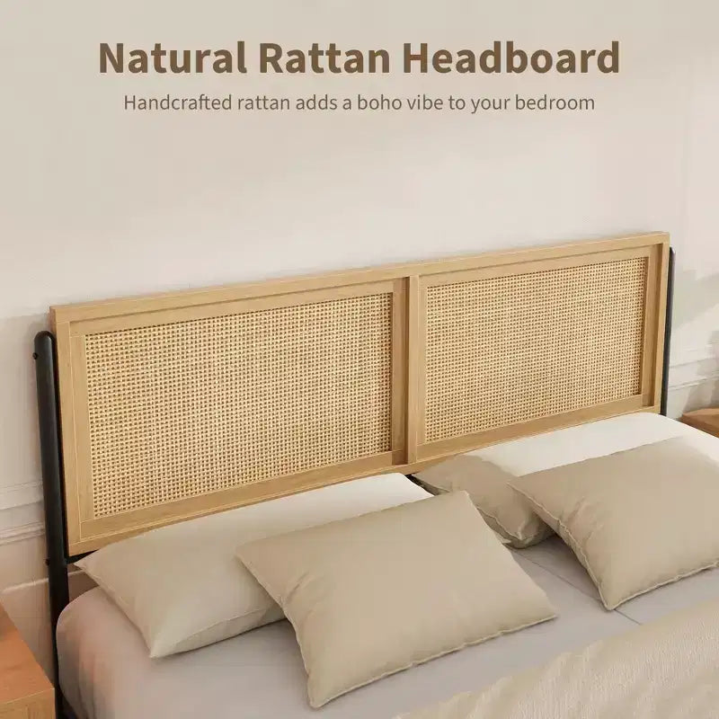 Boho Full/Queen/King Size Bed Frame with Natural Rattan Headboard and Footboard, Wooden Platform Bed, No Box Spring Needed, Noise-Free