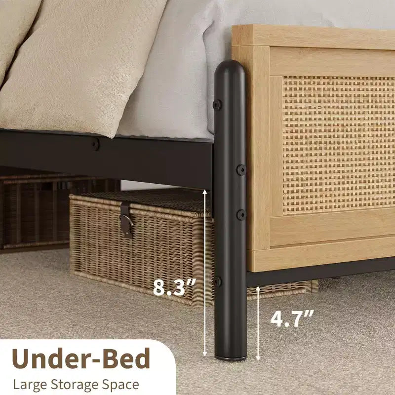 Boho Full/Queen/King Size Bed Frame with Natural Rattan Headboard and Footboard, Wooden Platform Bed, No Box Spring Needed, Noise-Free