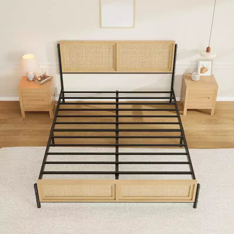 Boho Full/Queen/King Size Bed Frame with Natural Rattan Headboard and Footboard, Wooden Platform Bed, No Box Spring Needed, Noise-Free
