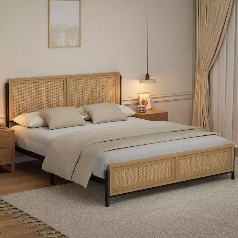 Boho Full/Queen/King Size Bed Frame with Natural Rattan Headboard and Footboard, Wooden Platform Bed, No Box Spring Needed, Noise-Free