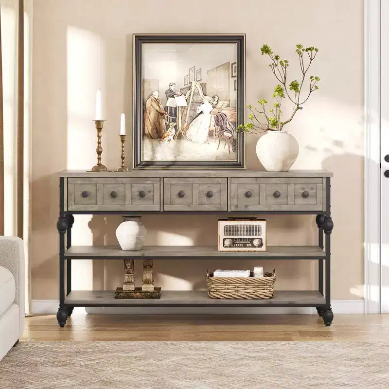 52 Industrial Console Table with 3 Storage Drawers & 3 Tiers, Metal Sofa Table for Living Room, Hallway & Entryway