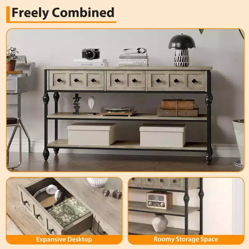 52 Industrial Console Table with 3 Storage Drawers & 3 Tiers, Metal Sofa Table for Living Room, Hallway & Entryway