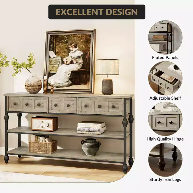 52 Industrial Console Table with 3 Storage Drawers & 3 Tiers, Metal Sofa Table for Living Room, Hallway & Entryway