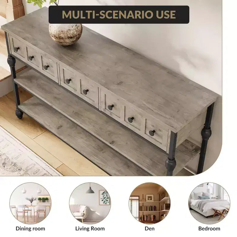 52 Industrial Console Table with 3 Storage Drawers & 3 Tiers, Metal Sofa Table for Living Room, Hallway & Entryway