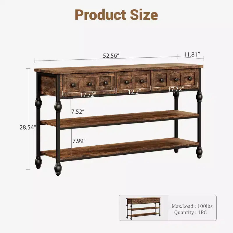 52 Industrial Console Table with 3 Storage Drawers & 3 Tiers, Metal Sofa Table for Living Room, Hallway & Entryway