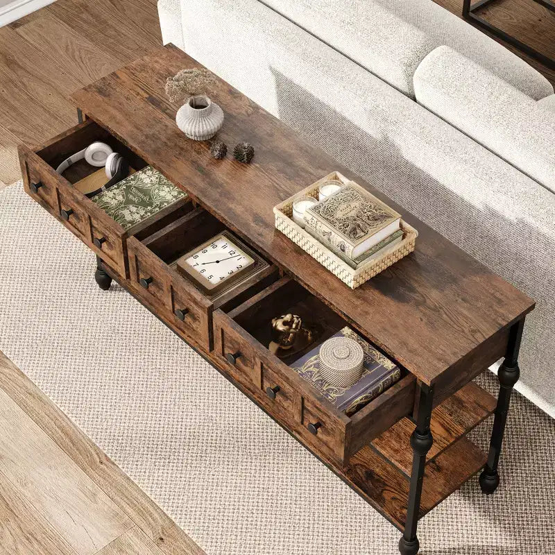52 Industrial Console Table with 3 Storage Drawers & 3 Tiers, Metal Sofa Table for Living Room, Hallway & Entryway
