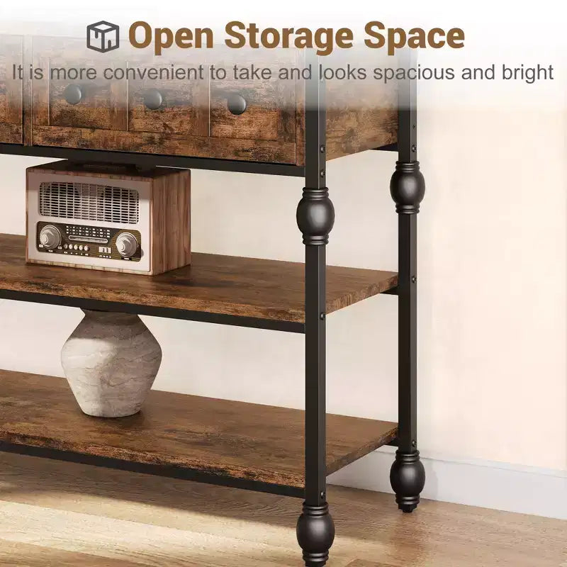 52 Industrial Console Table with 3 Storage Drawers & 3 Tiers, Metal Sofa Table for Living Room, Hallway & Entryway