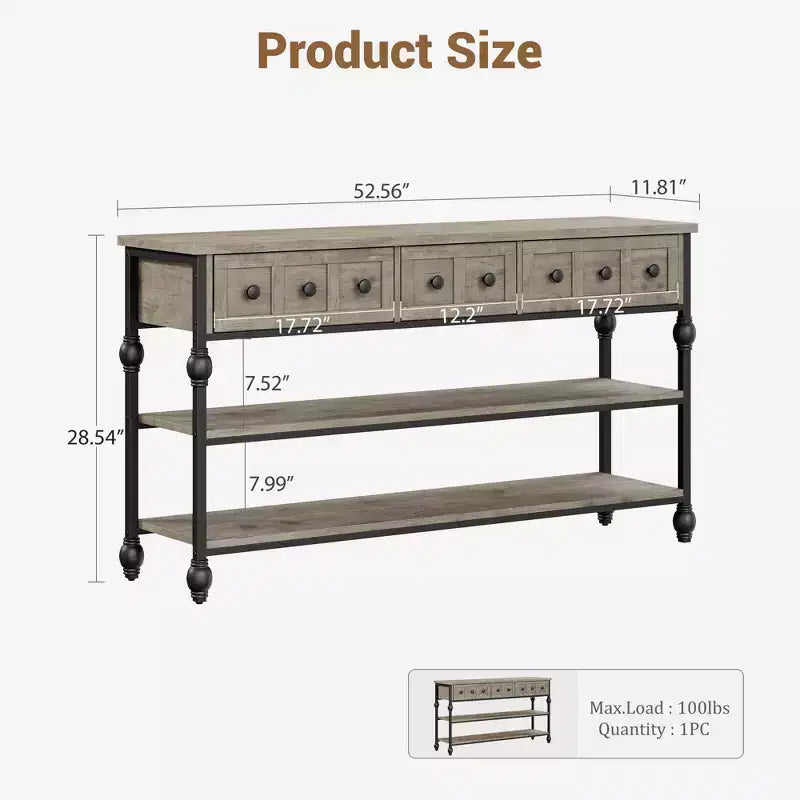 52 Industrial Console Table with 3 Storage Drawers & 3 Tiers, Metal Sofa Table for Living Room, Hallway & Entryway