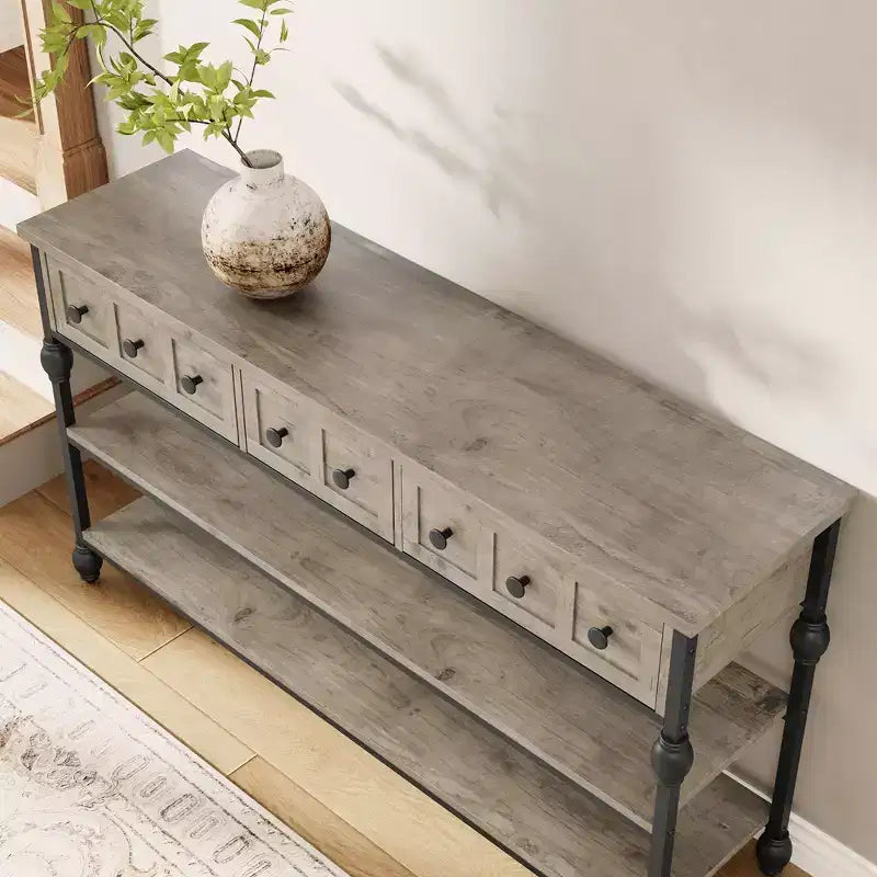 52 Industrial Console Table with 3 Storage Drawers & 3 Tiers, Metal Sofa Table for Living Room, Hallway & Entryway