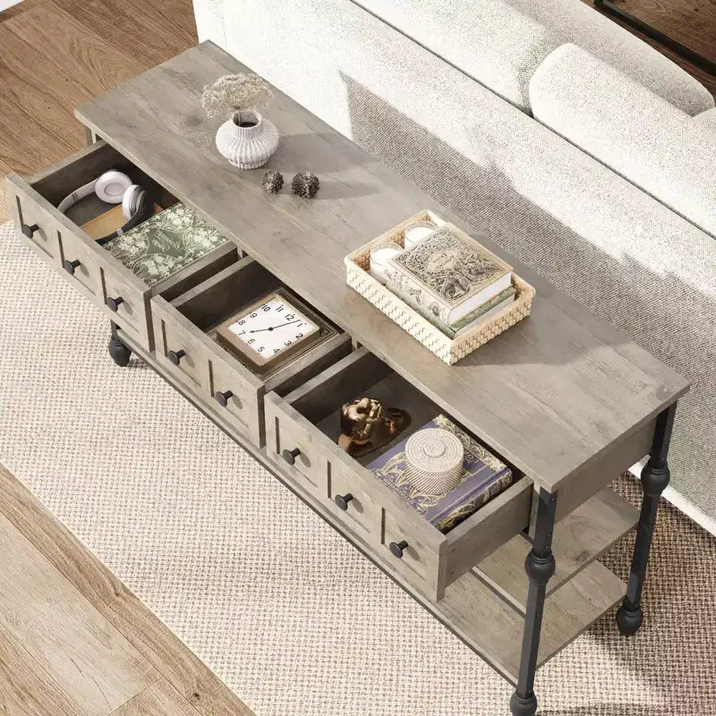 52 Industrial Console Table with 3 Storage Drawers & 3 Tiers, Metal Sofa Table for Living Room, Hallway & Entryway