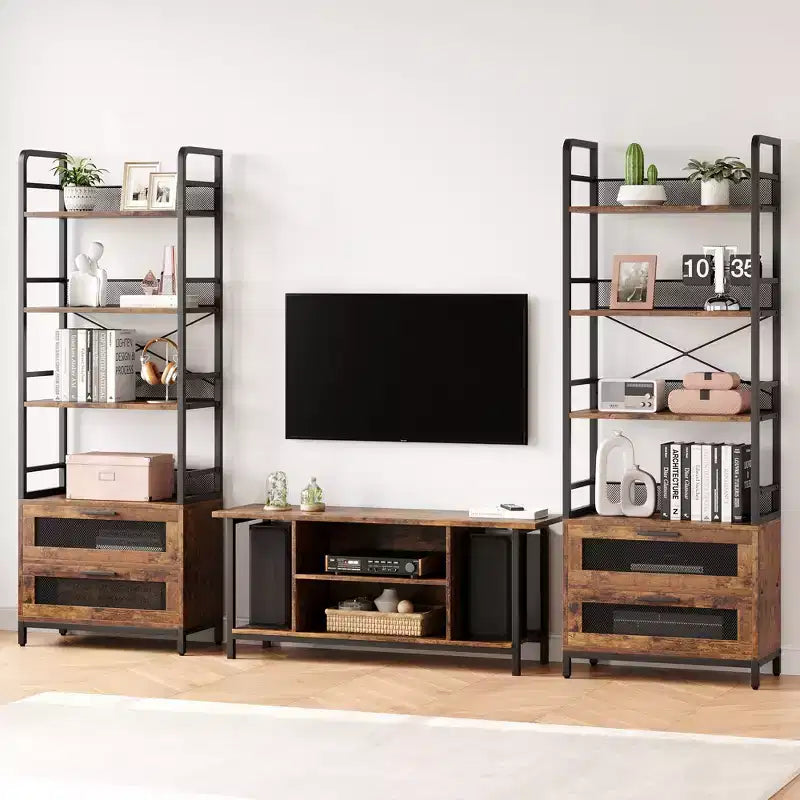 70.87 Tall Bookshelf with Drawers Industrial Bookcase with 4 Tiers Open Storage Shelves for Bedroom, Living Room, Home Office, Brown