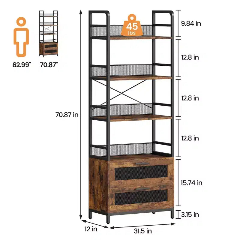 Estantería alta de 70.87 con cajones, librero industrial con 4 niveles de estantes abiertos para dormitorio, sala de estar, oficina en casa, marrón