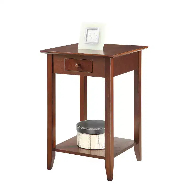 26 in.H Brown Rectangle Wood End Table with Drawer and Shelf