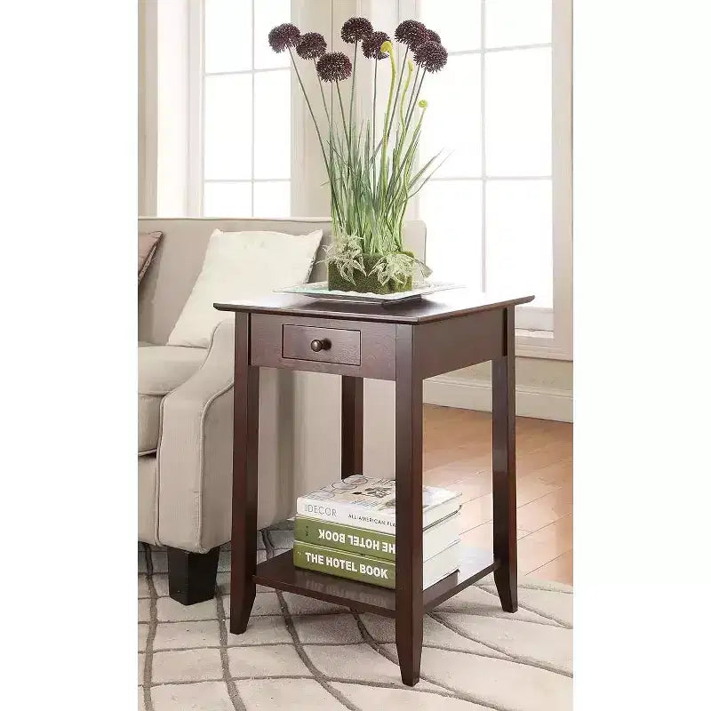 26 in.H Brown Rectangle Wood End Table with Drawer and Shelf