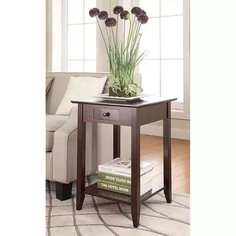 26 in.H Brown Rectangle Wood End Table with Drawer and Shelf