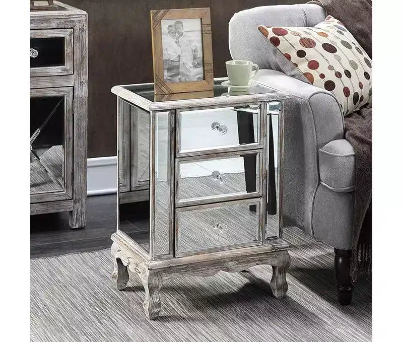 24.75 in.H Silver Rectangle Mirrored Glass End Table with 3 Drawers