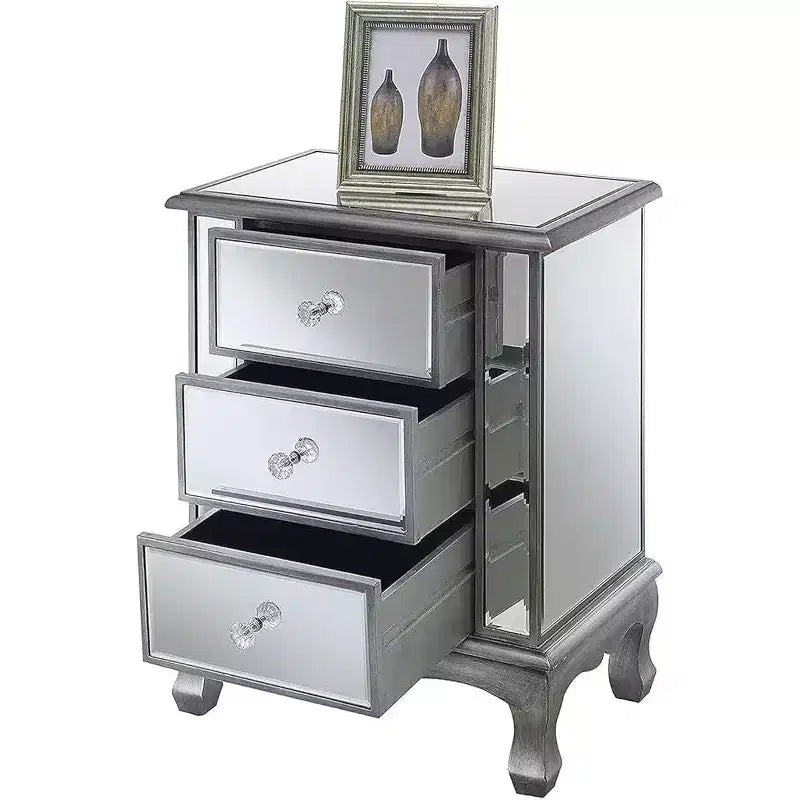 24.75 in.H Silver Rectangle Mirrored Glass End Table with 3 Drawers