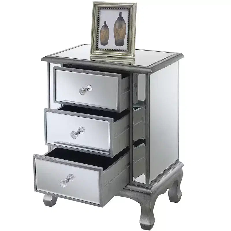 24.75 in.H Silver Rectangle Mirrored Glass End Table with 3 Drawers
