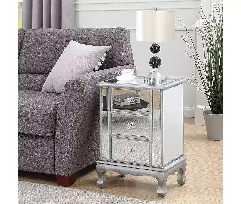 24.75 in.H Silver Rectangle Mirrored Glass End Table with 3 Drawers