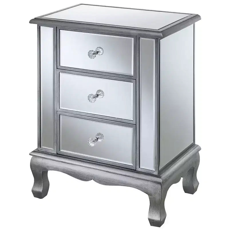 24.75 in.H Silver Rectangle Mirrored Glass End Table with 3 Drawers