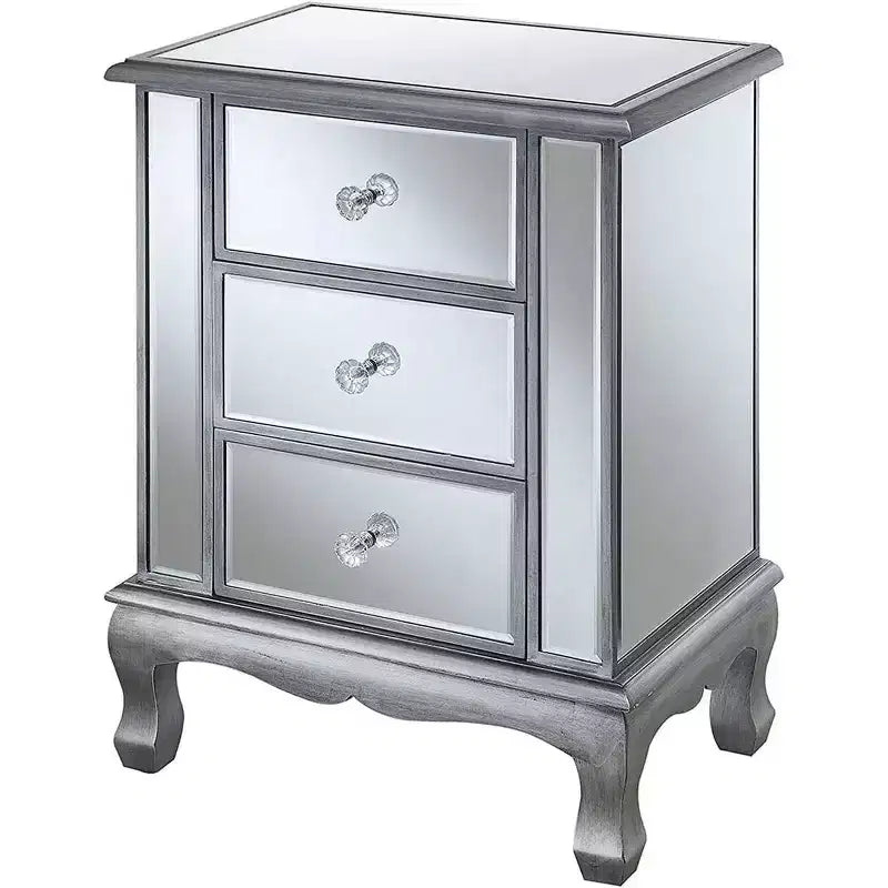 24.75 in.H Silver Rectangle Mirrored Glass End Table with 3 Drawers