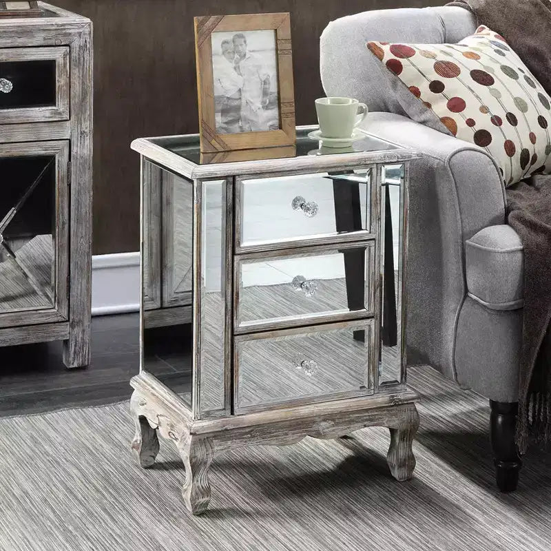 24.75 in.H Silver Rectangle Mirrored Glass End Table with 3 Drawers