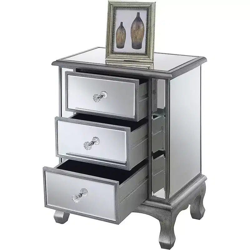 24.75 in.H Silver Rectangle Mirrored Glass End Table with 3 Drawers