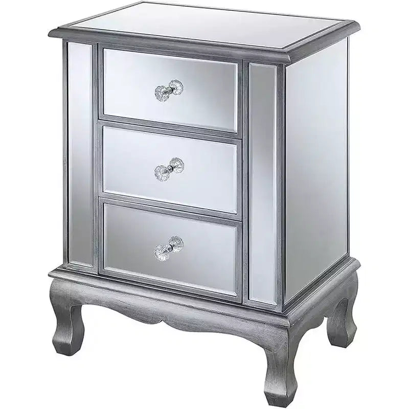 24.75 in.H Silver Rectangle Mirrored Glass End Table with 3 Drawers