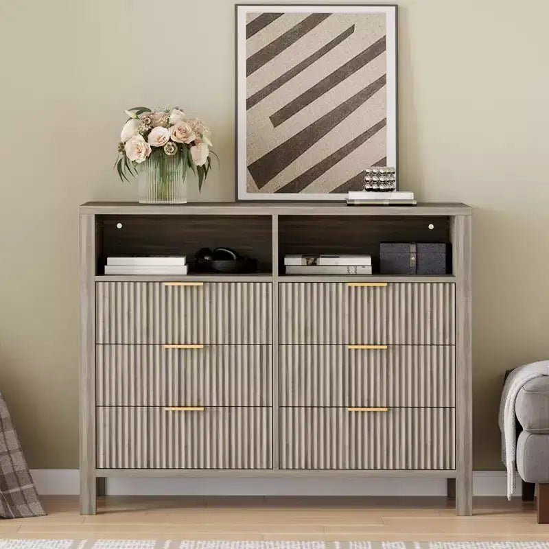 6 Drawer Dresser for Bedroom, Farmhouse Chest of Drawers with 2 Open Shelves and Fluted Doors, Home Storage and Organization for Living Room
