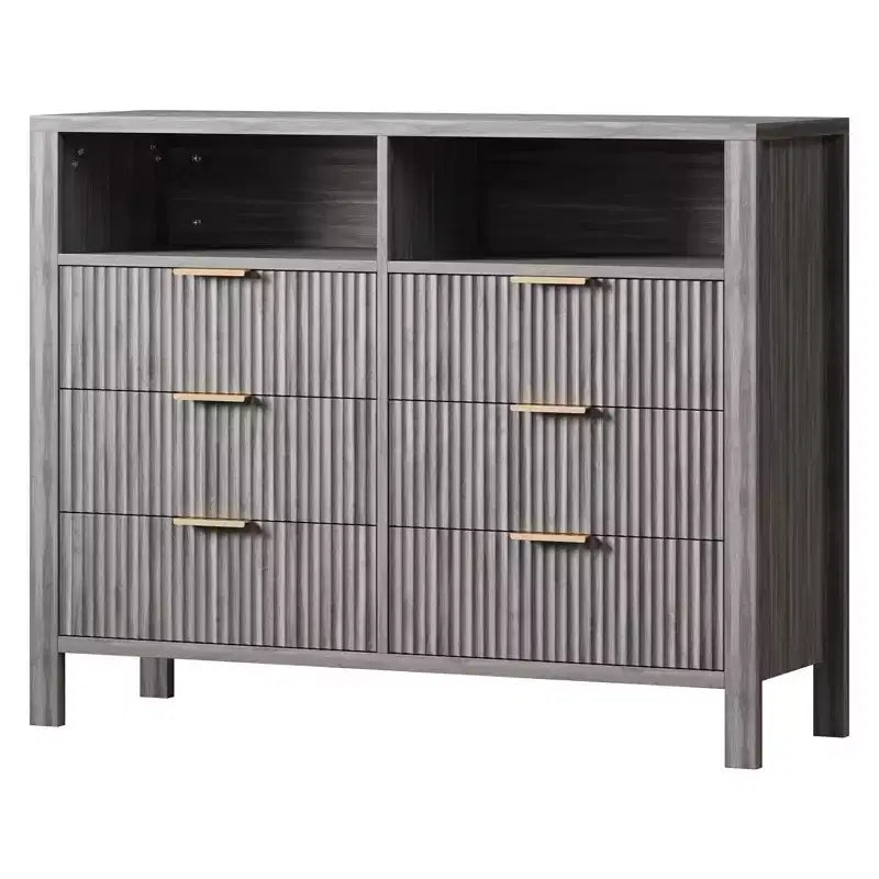6 Drawer Dresser for Bedroom, Farmhouse Chest of Drawers with 2 Open Shelves and Fluted Doors, Home Storage and Organization for Living Room