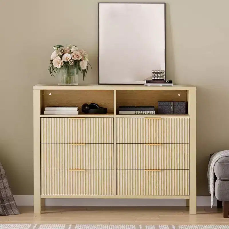 6 Drawer Dresser for Bedroom, Farmhouse Chest of Drawers with 2 Open Shelves and Fluted Doors, Home Storage and Organization for Living Room