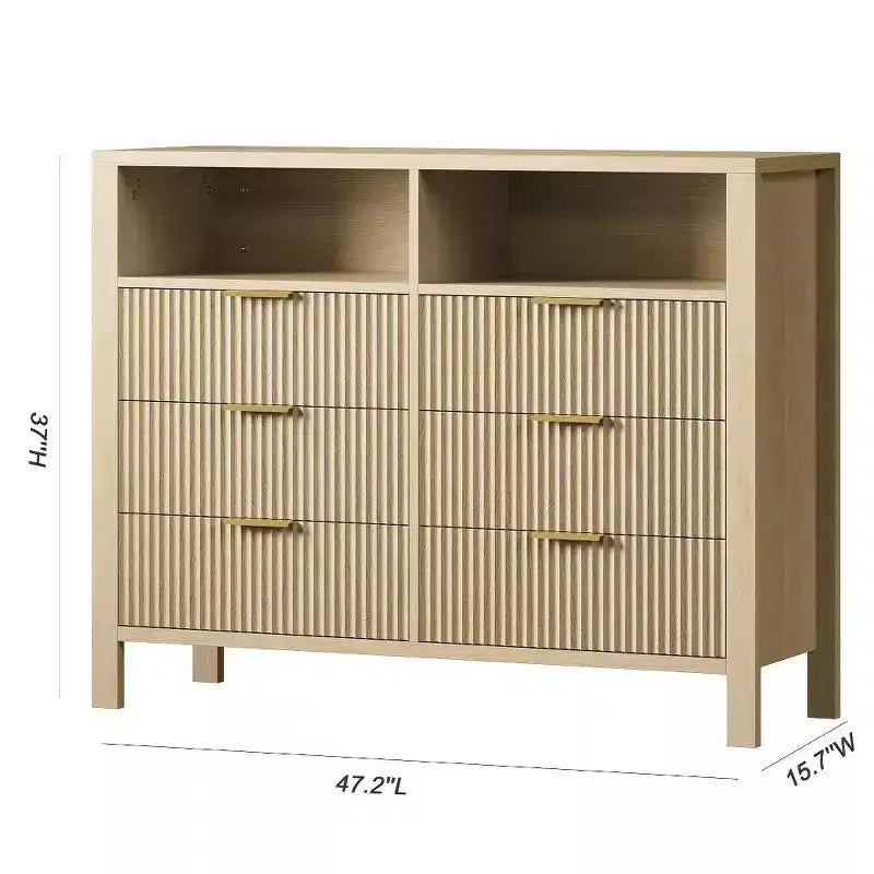 6 Drawer Dresser for Bedroom, Farmhouse Chest of Drawers with 2 Open Shelves and Fluted Doors, Home Storage and Organization for Living Room